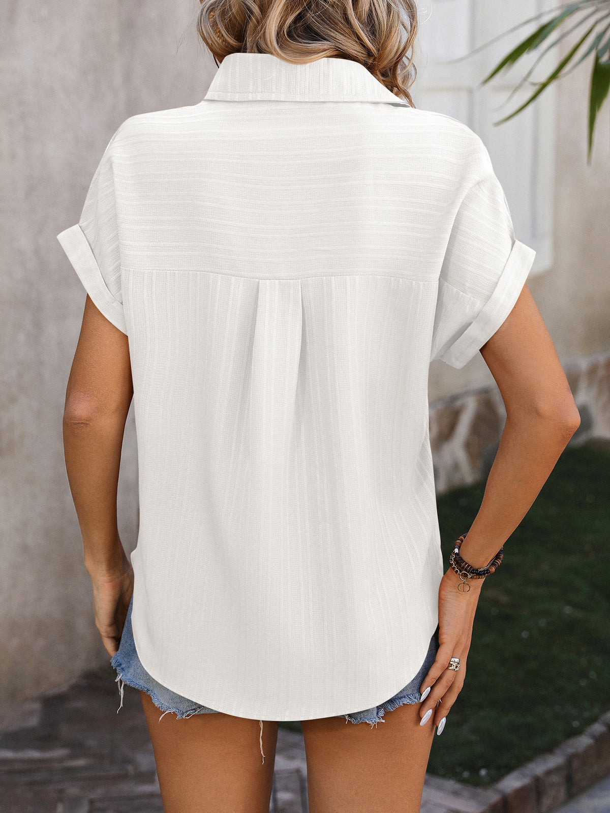 Textured Dolman Sleeve Button Down Shirt - White - 1