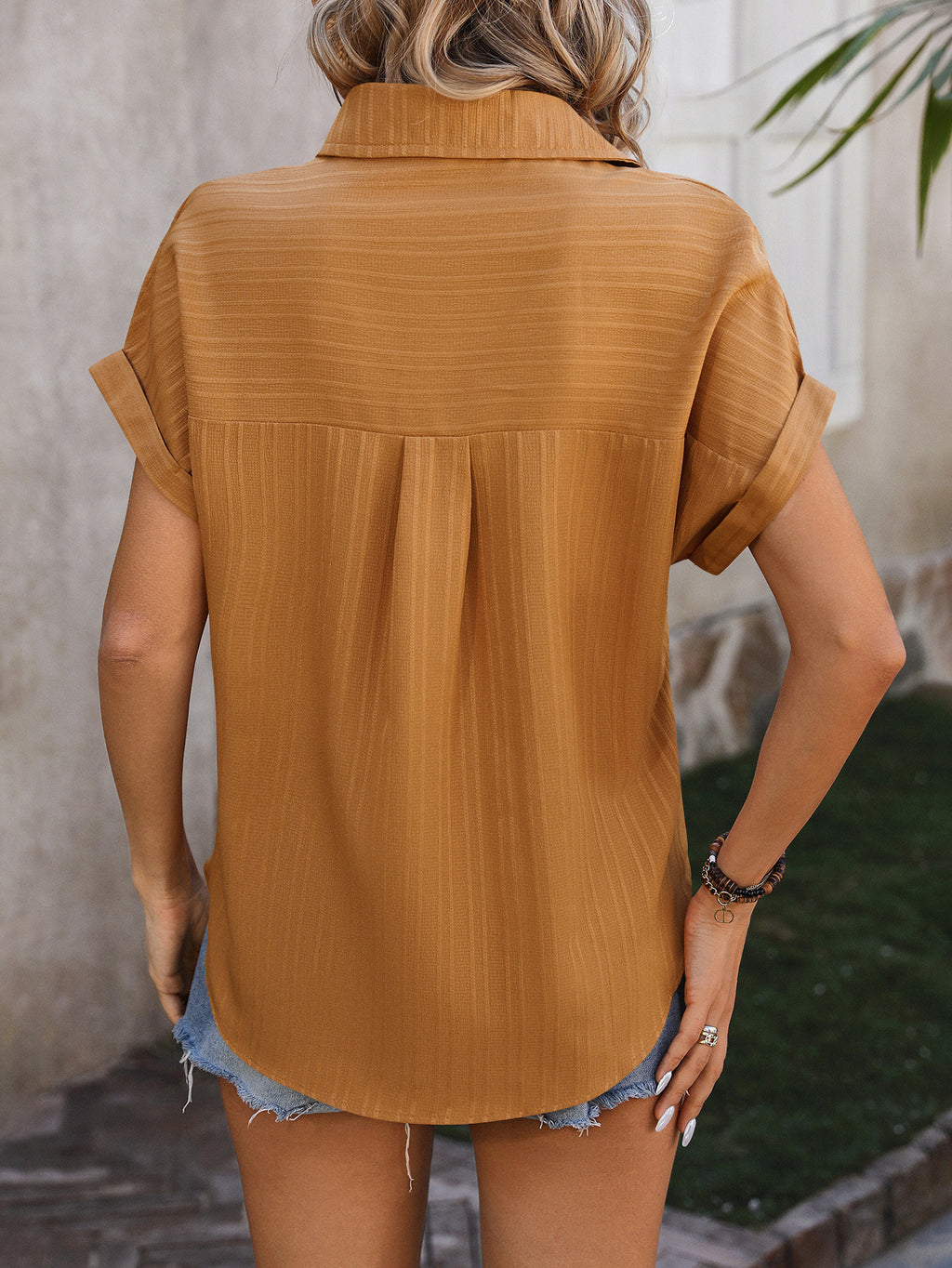 Textured Dolman Sleeve Button Down Shirt - Yellow - 1