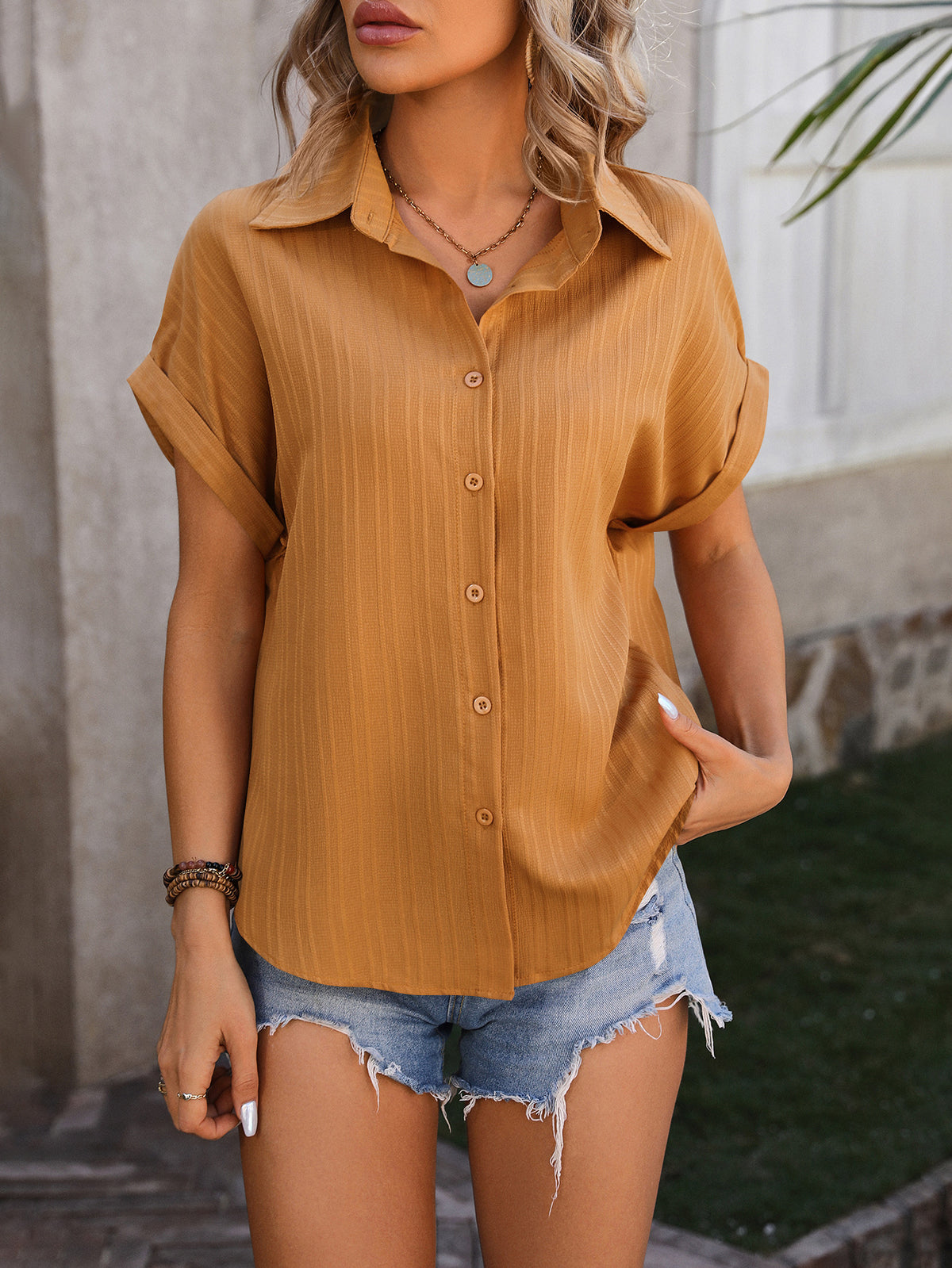 Textured Dolman Sleeve Button Down Shirt - Yellow - 5