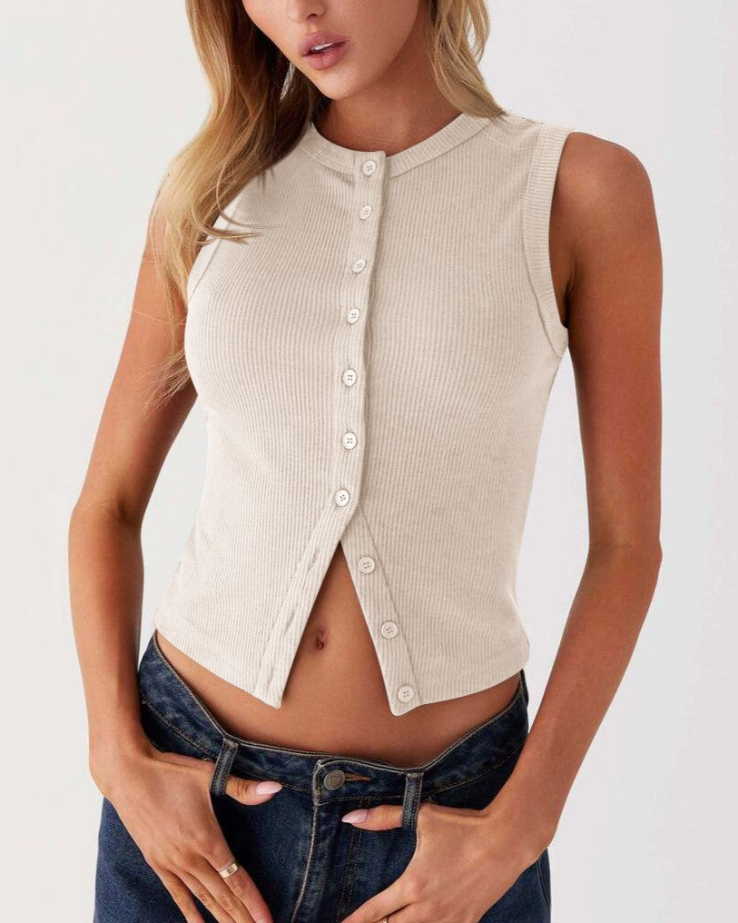 Ribbed Button Up Split Hem Tank Top - Apricot