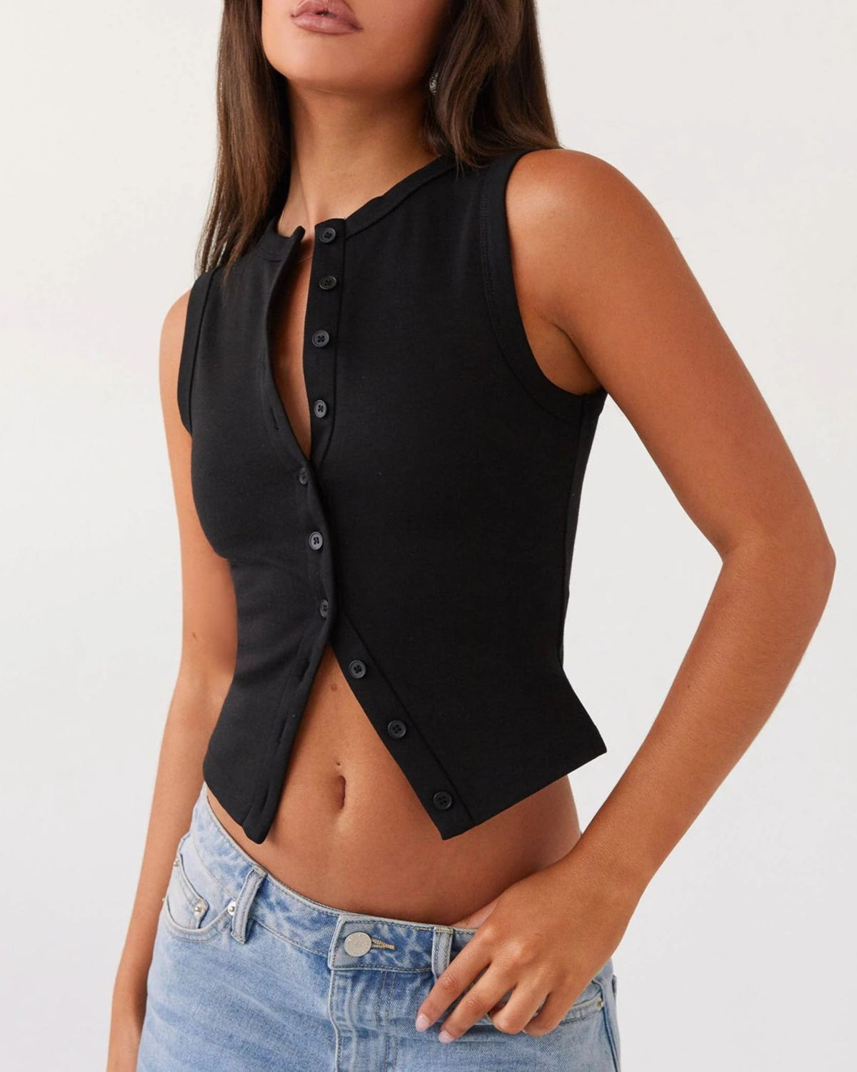 Ribbed Button Up Split Hem Tank Top - Black