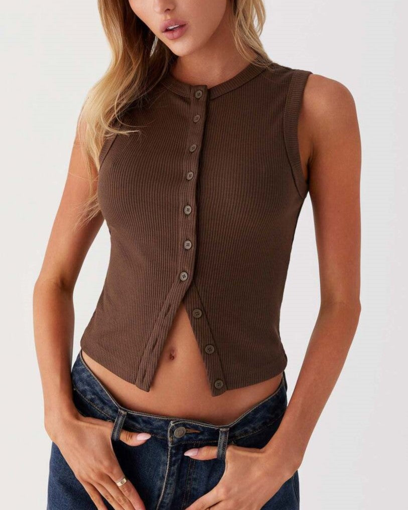 Ribbed Button Up Split Hem Tank Top - Coffee