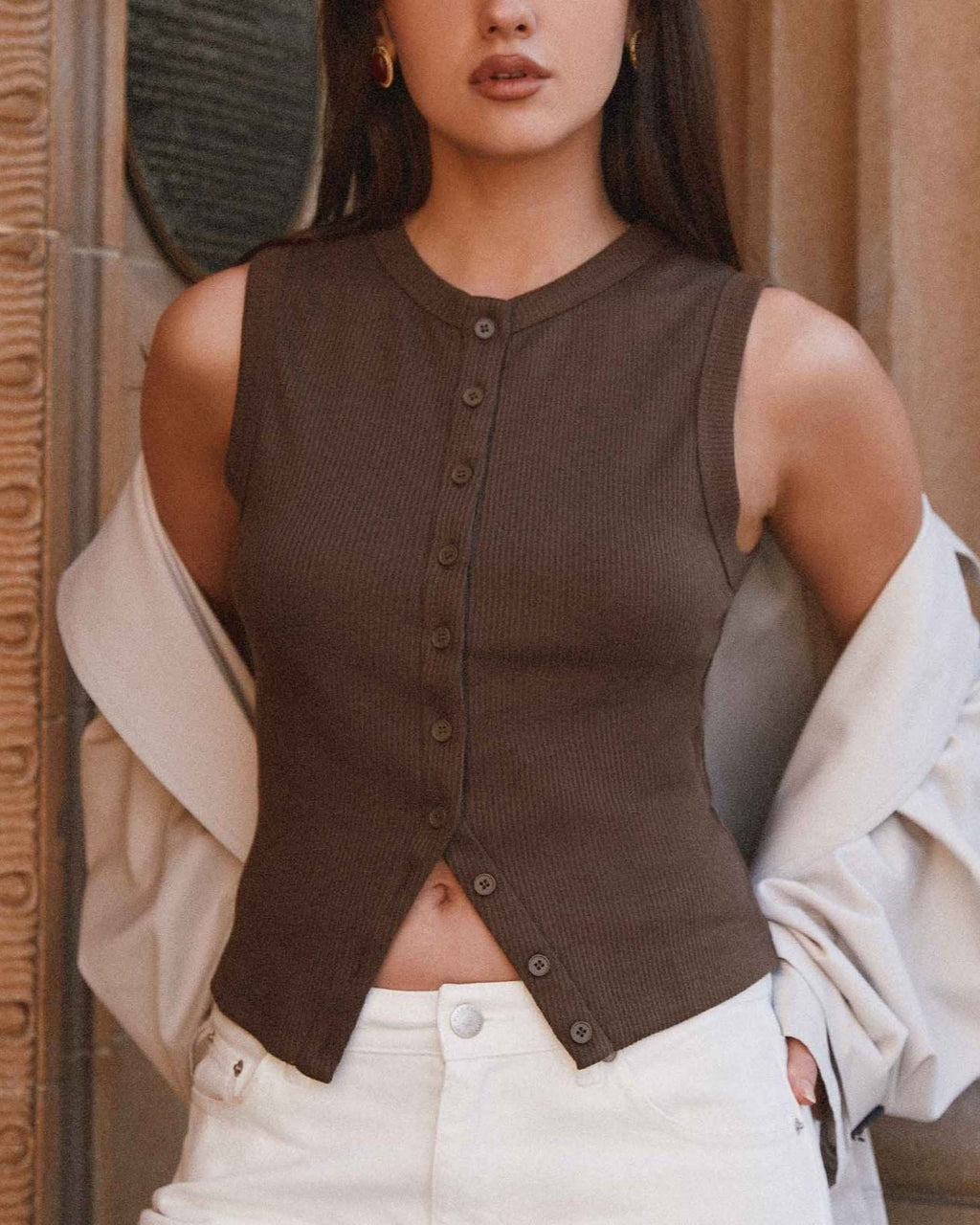 Ribbed Button Up Split Hem Tank Top - Coffee - 1