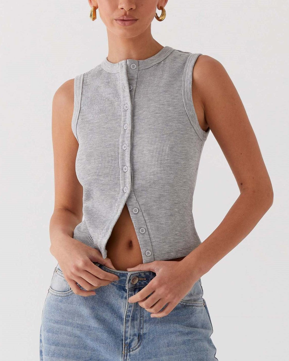 Ribbed Button Up Split Hem Tank Top - Gray - 1