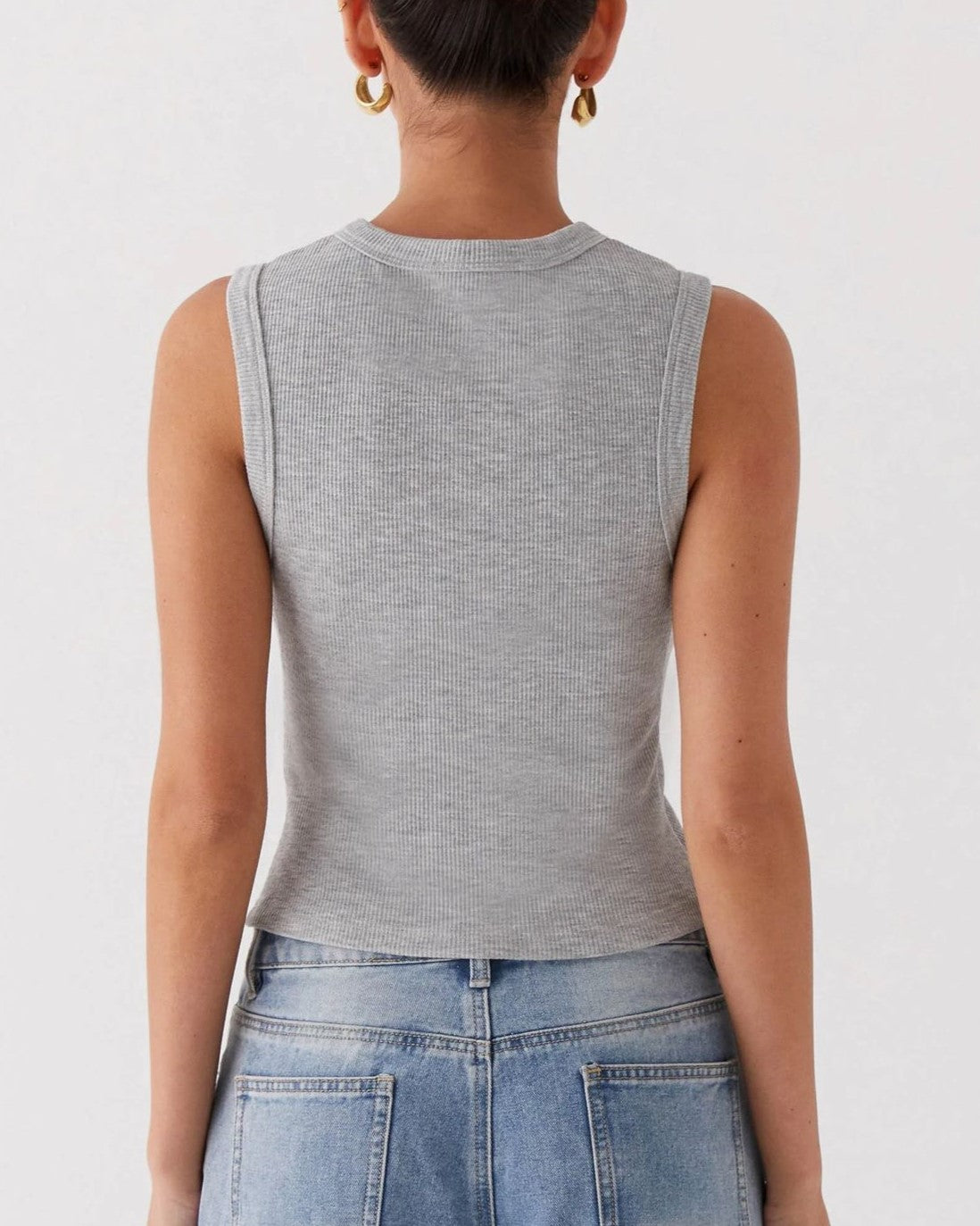 Ribbed Button Up Split Hem Tank Top - Gray - 2