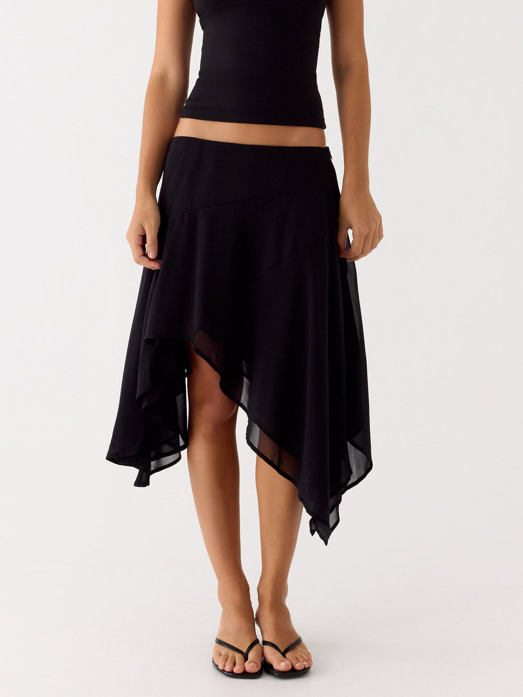 Flowy Handkerchief Hem Midi Beach Skirt - Black