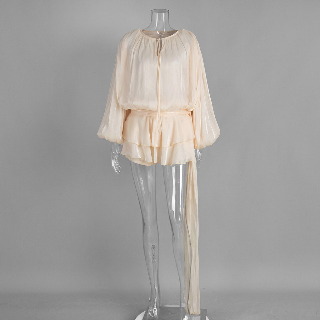 Balloon Sleeve Tie Neck Sheer Mini Dress - Apricot