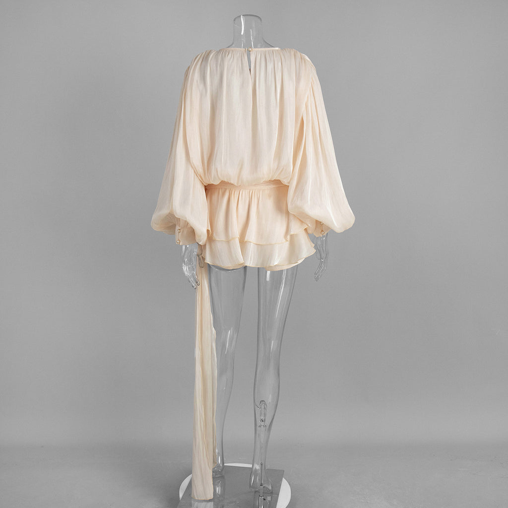 Balloon Sleeve Tie Neck Sheer Mini Dress - Apricot - 1