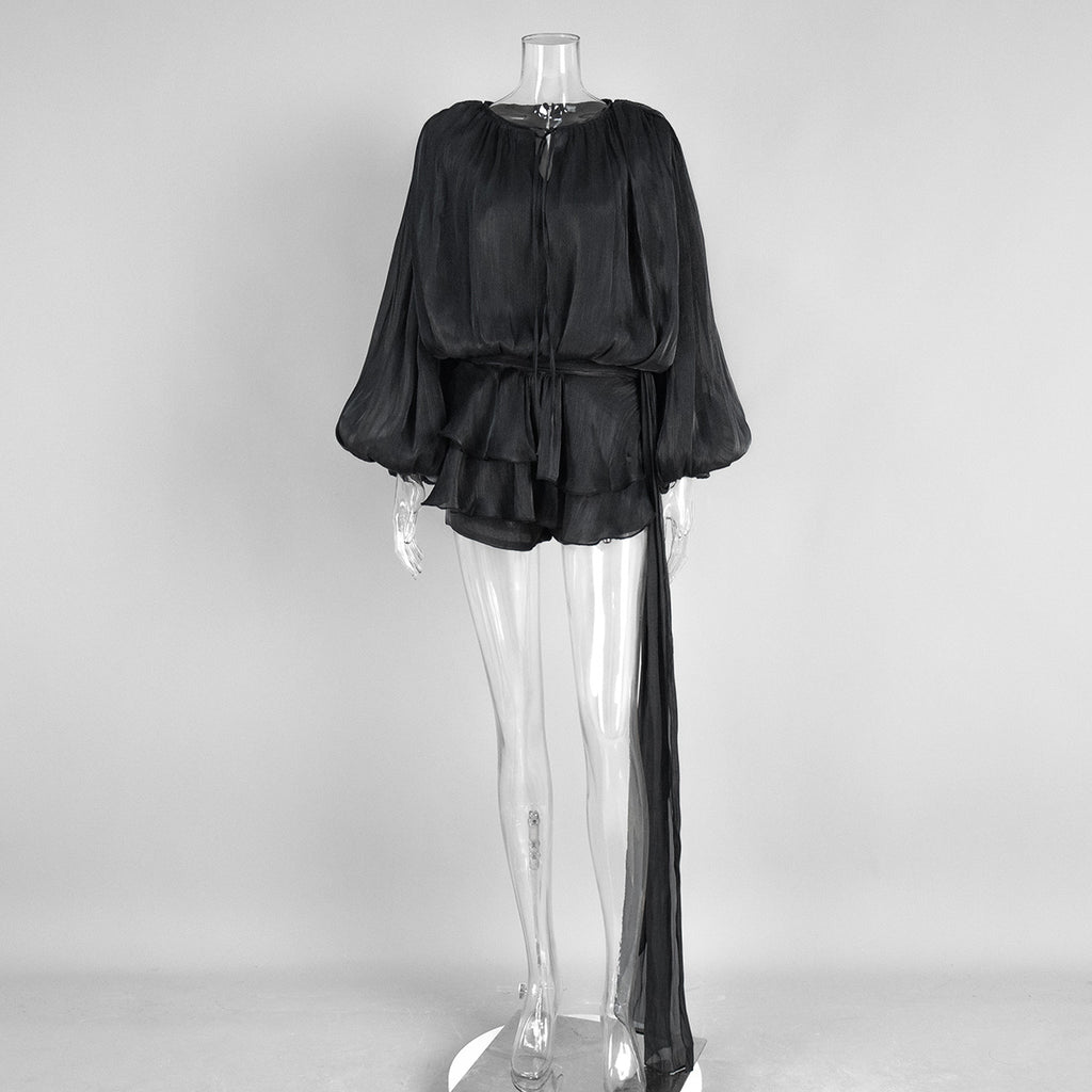 Balloon Sleeve Tie Neck Sheer Mini Dress - Black
