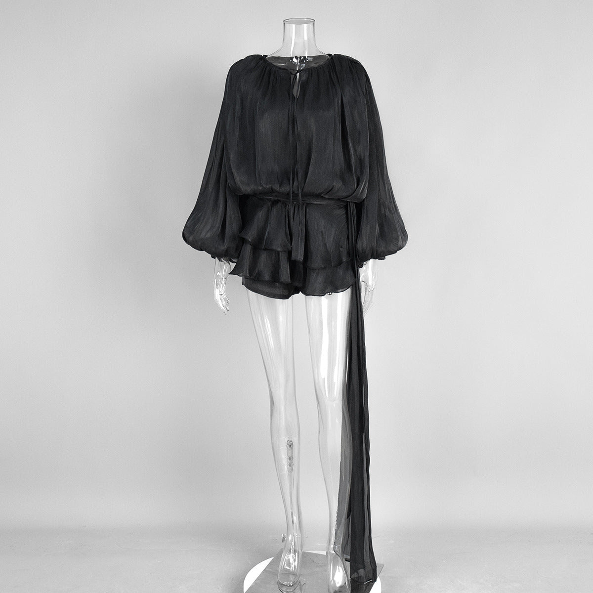 Balloon Sleeve Tie Neck Sheer Mini Dress - Black