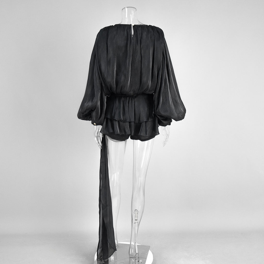 Balloon Sleeve Tie Neck Sheer Mini Dress - Black - 1