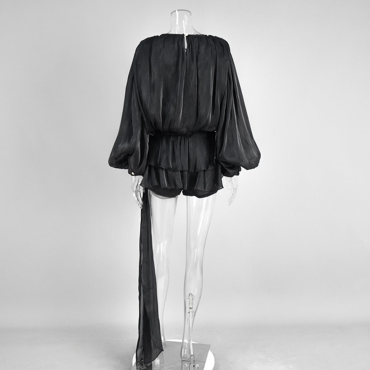 Balloon Sleeve Tie Neck Sheer Mini Dress - Black - 1