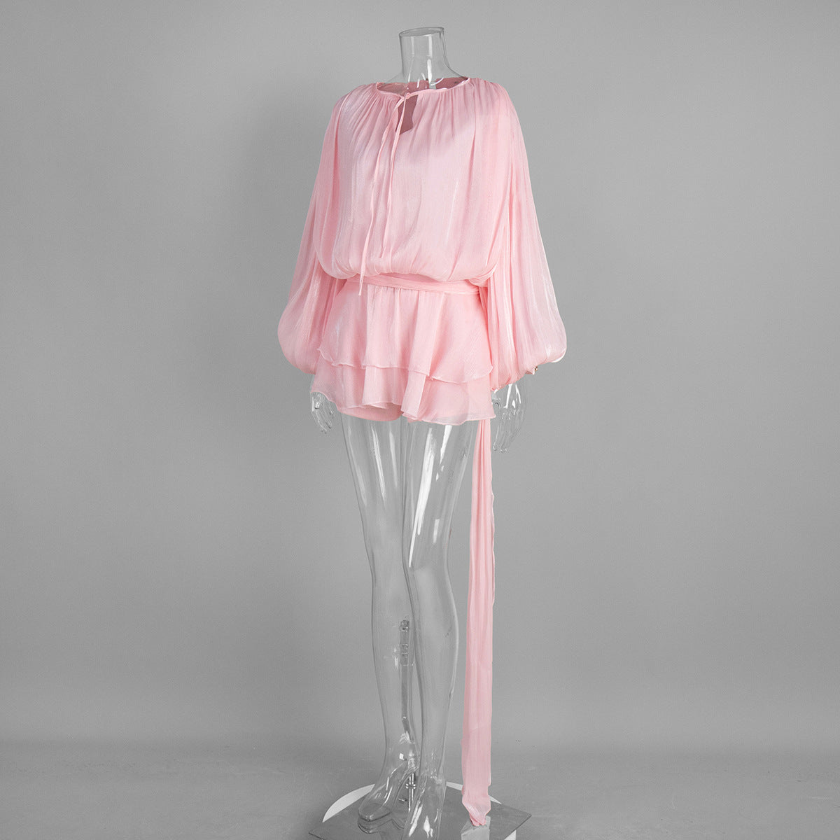Balloon Sleeve Tie Neck Sheer Mini Dress - Pink - 1