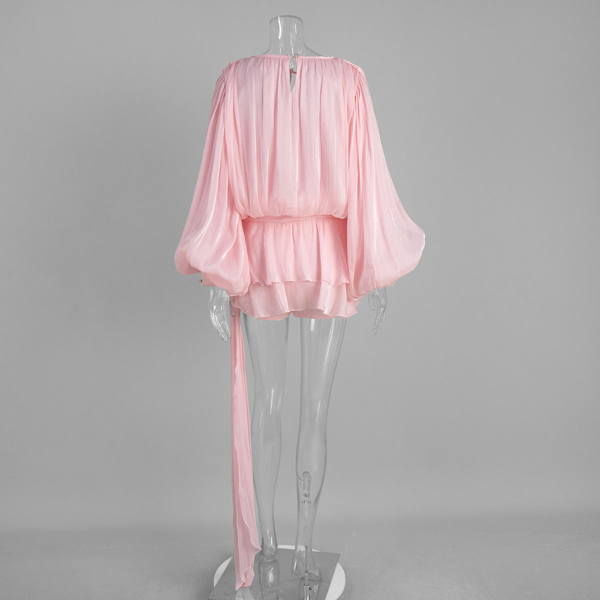 Balloon Sleeve Tie Neck Sheer Mini Dress - Pink - 2