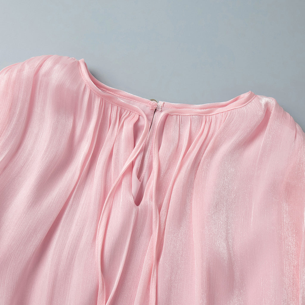 Balloon Sleeve Tie Neck Sheer Mini Dress - Pink - 3