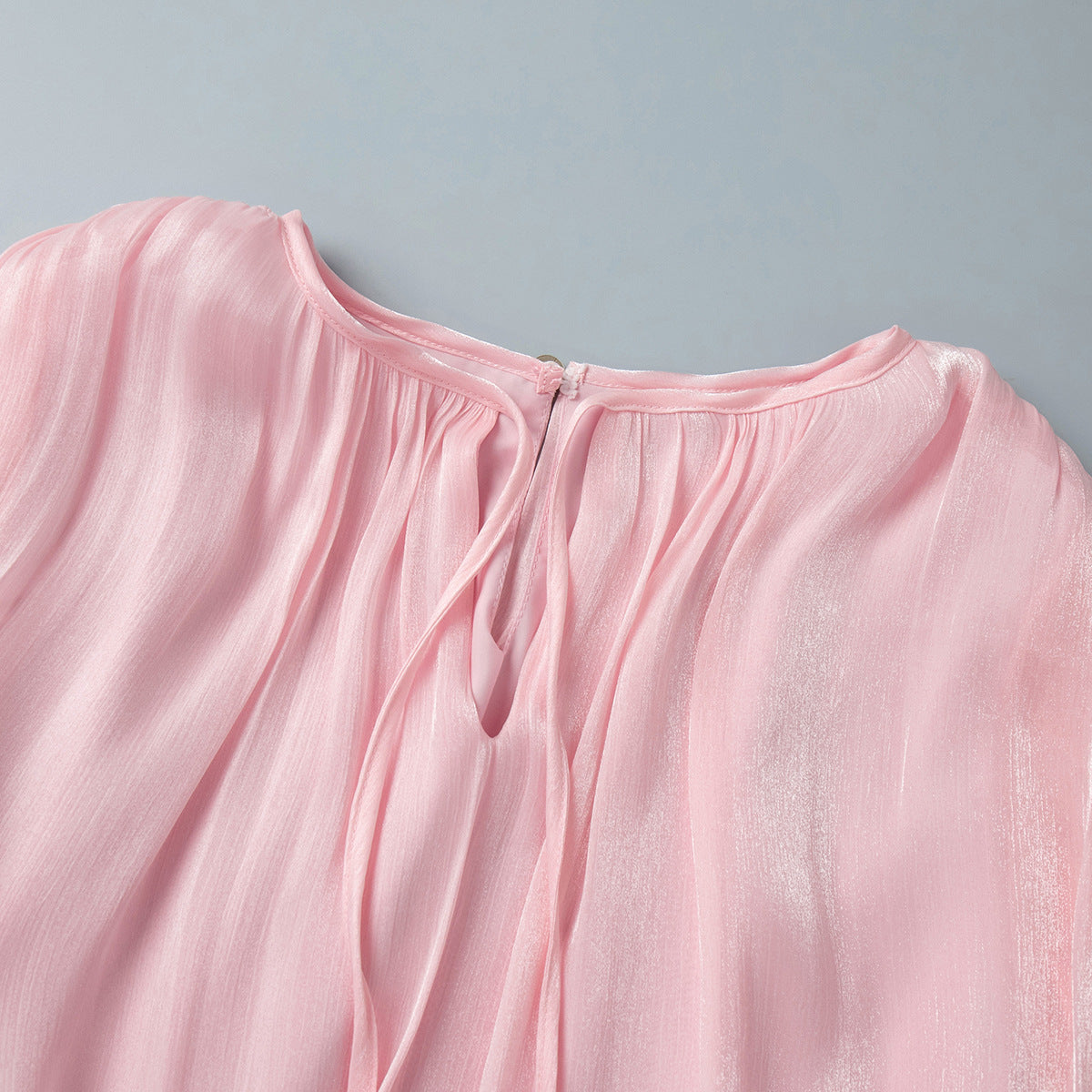Balloon Sleeve Tie Neck Sheer Mini Dress - Pink - 3