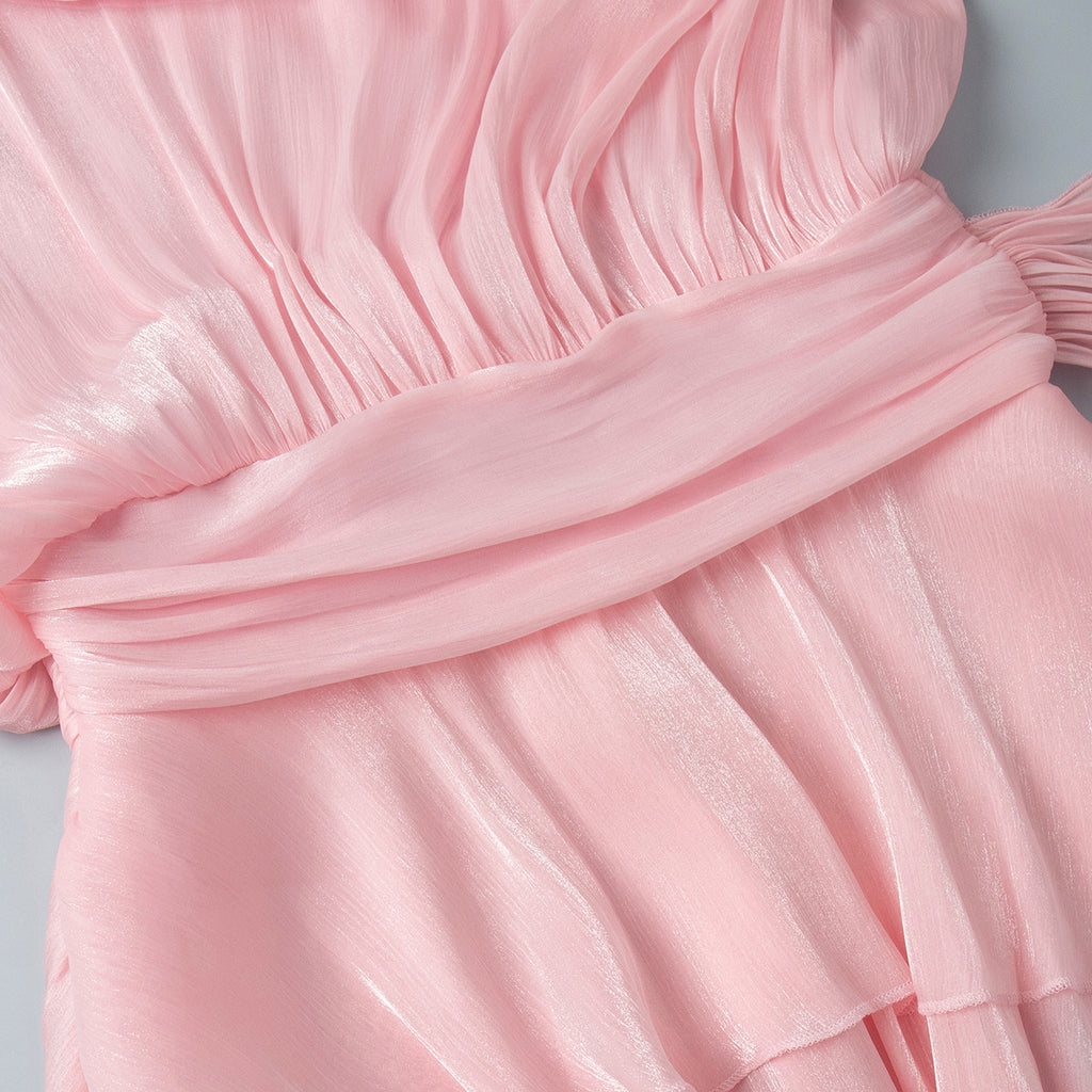 Balloon Sleeve Tie Neck Sheer Mini Dress - Pink - 4