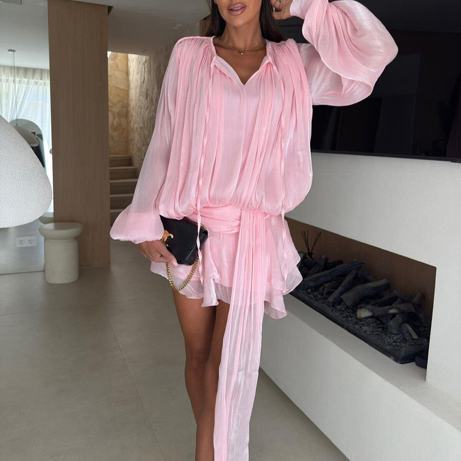 Balloon Sleeve Tie Neck Sheer Mini Dress - Pink - 5