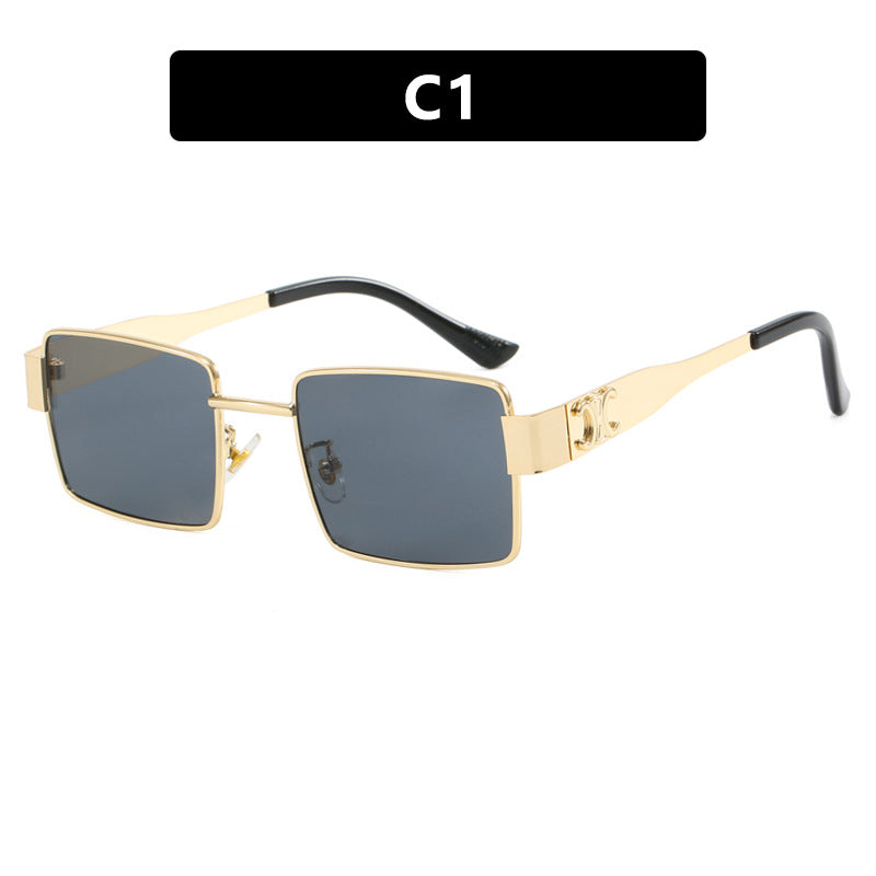 Y2K Slim Rectangle Metal-Frame Sunglasses - Blue