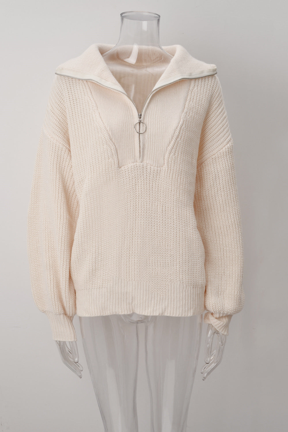 Half Zip Collared Ribbed Knit Pullover Sweater - Apricot