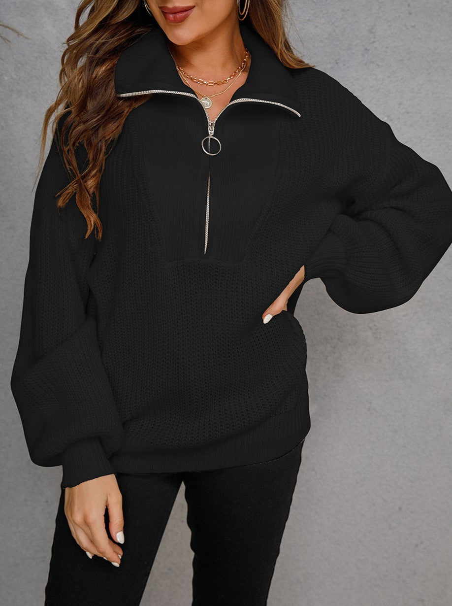 Half Zip Collared Ribbed Knit Pullover Sweater - Black
