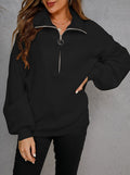 Half Zip Collared Ribbed Knit Pullover Sweater - Black