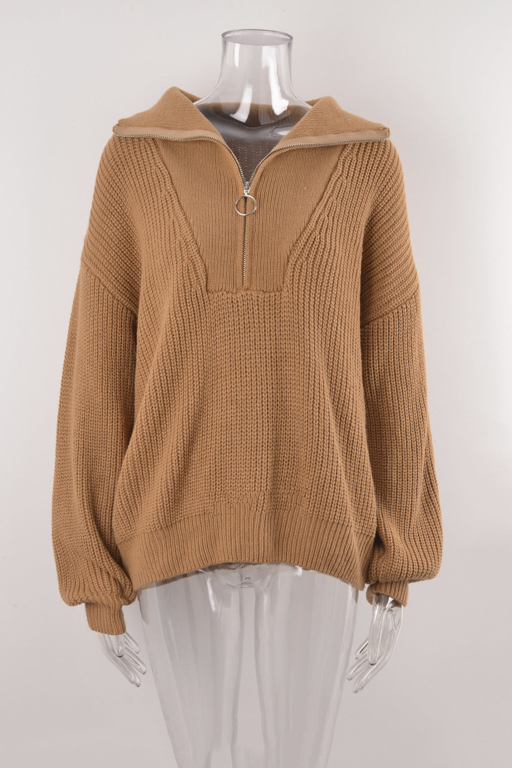 Half Zip Collared Ribbed Knit Pullover Sweater - Camel