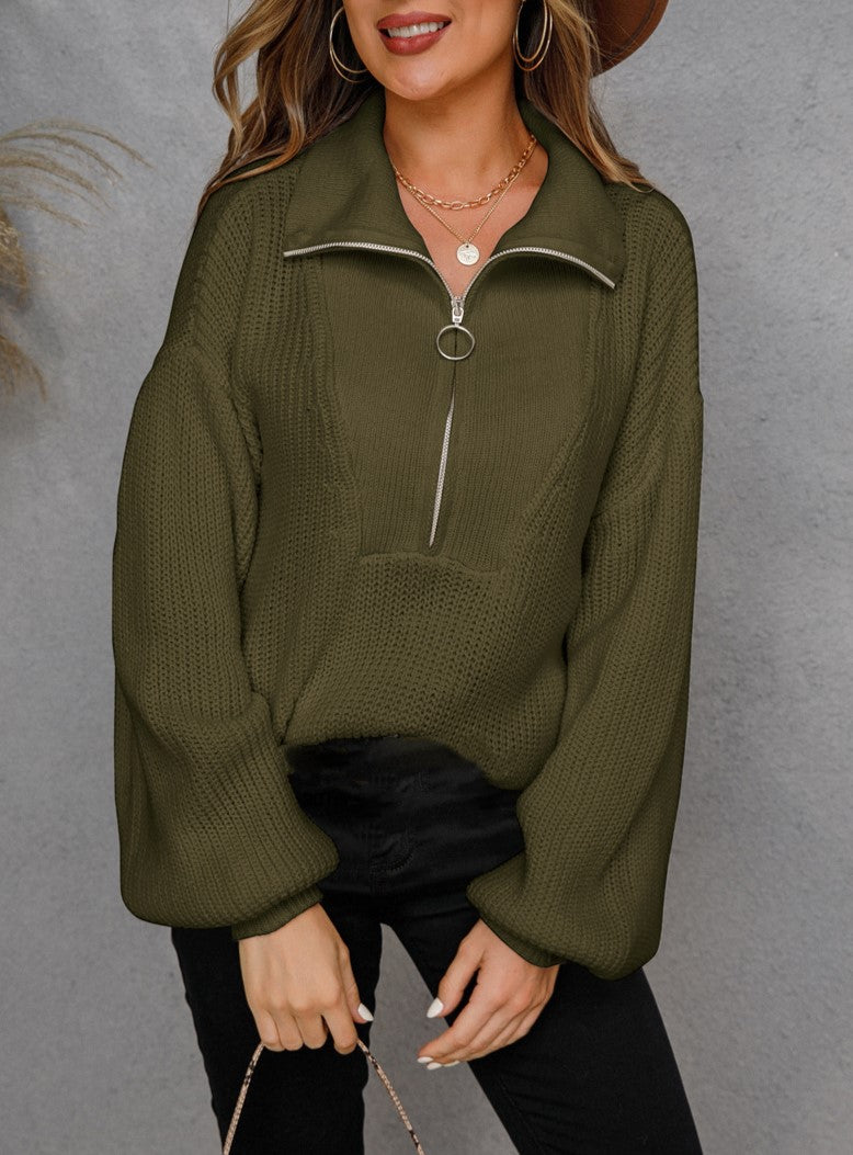 Half Zip Collared Ribbed Knit Pullover Sweater - Darkgreen