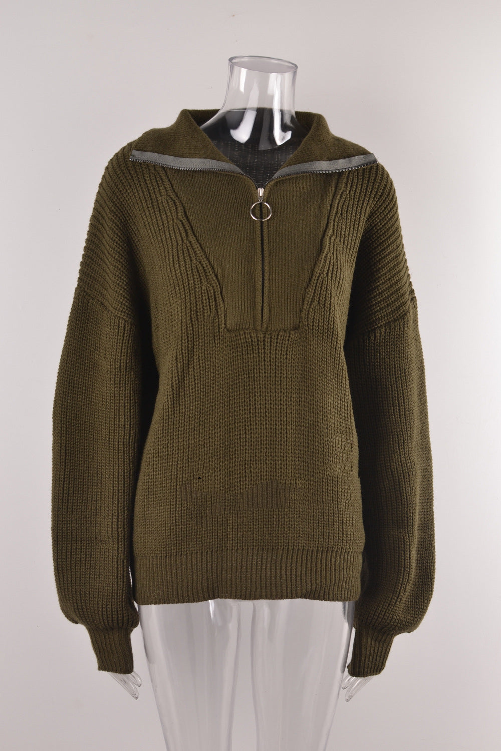 Half Zip Collared Ribbed Knit Pullover Sweater - Darkgreen - 1