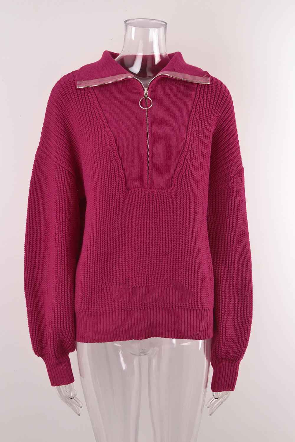 Half Zip Collared Ribbed Knit Pullover Sweater - Purple