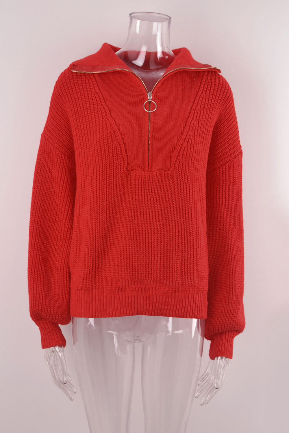 Half Zip Collared Ribbed Knit Pullover Sweater - Red