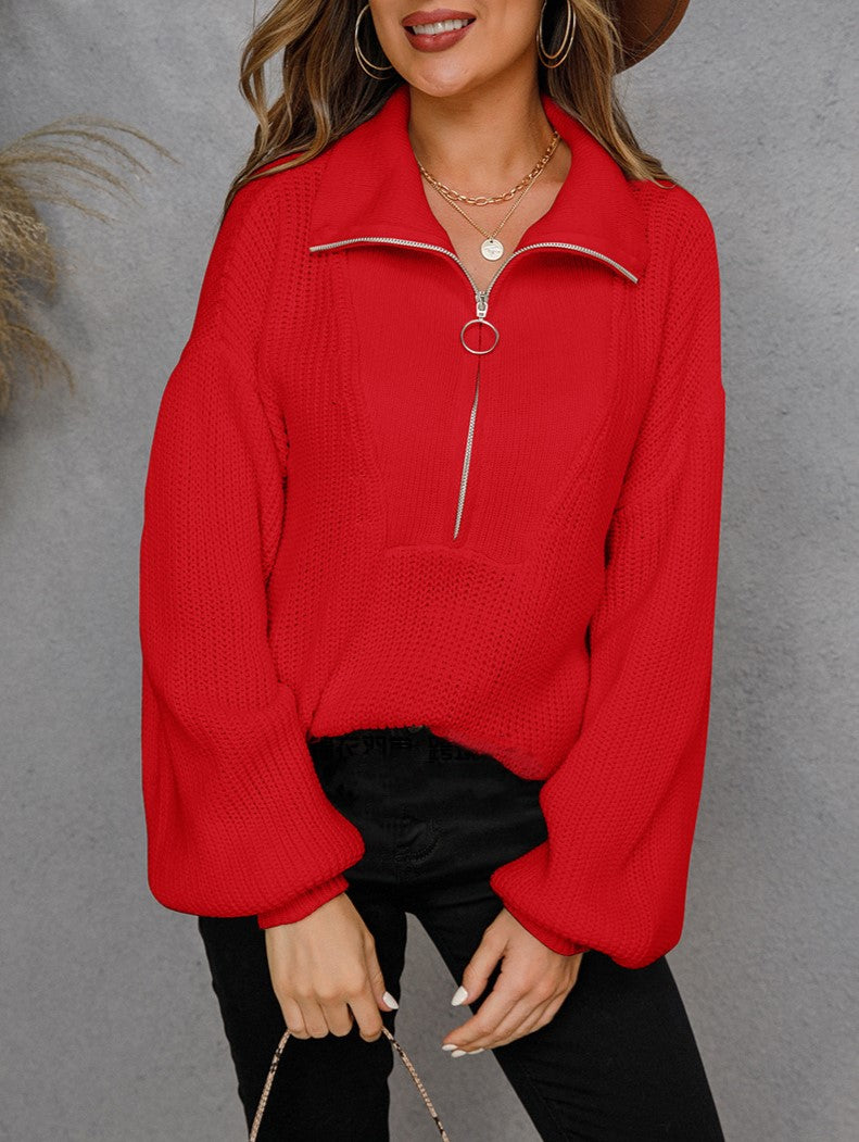 Half Zip Collared Ribbed Knit Pullover Sweater - Red - 2