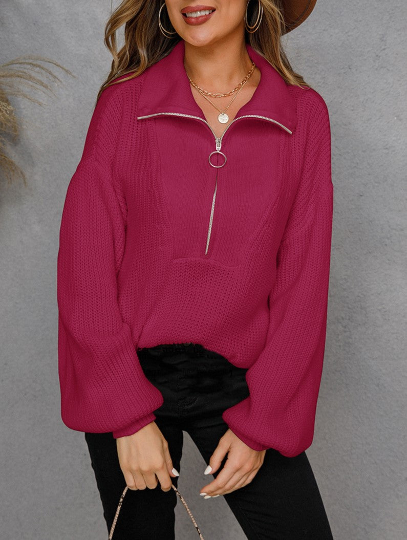 Half Zip Collared Ribbed Knit Pullover Sweater
