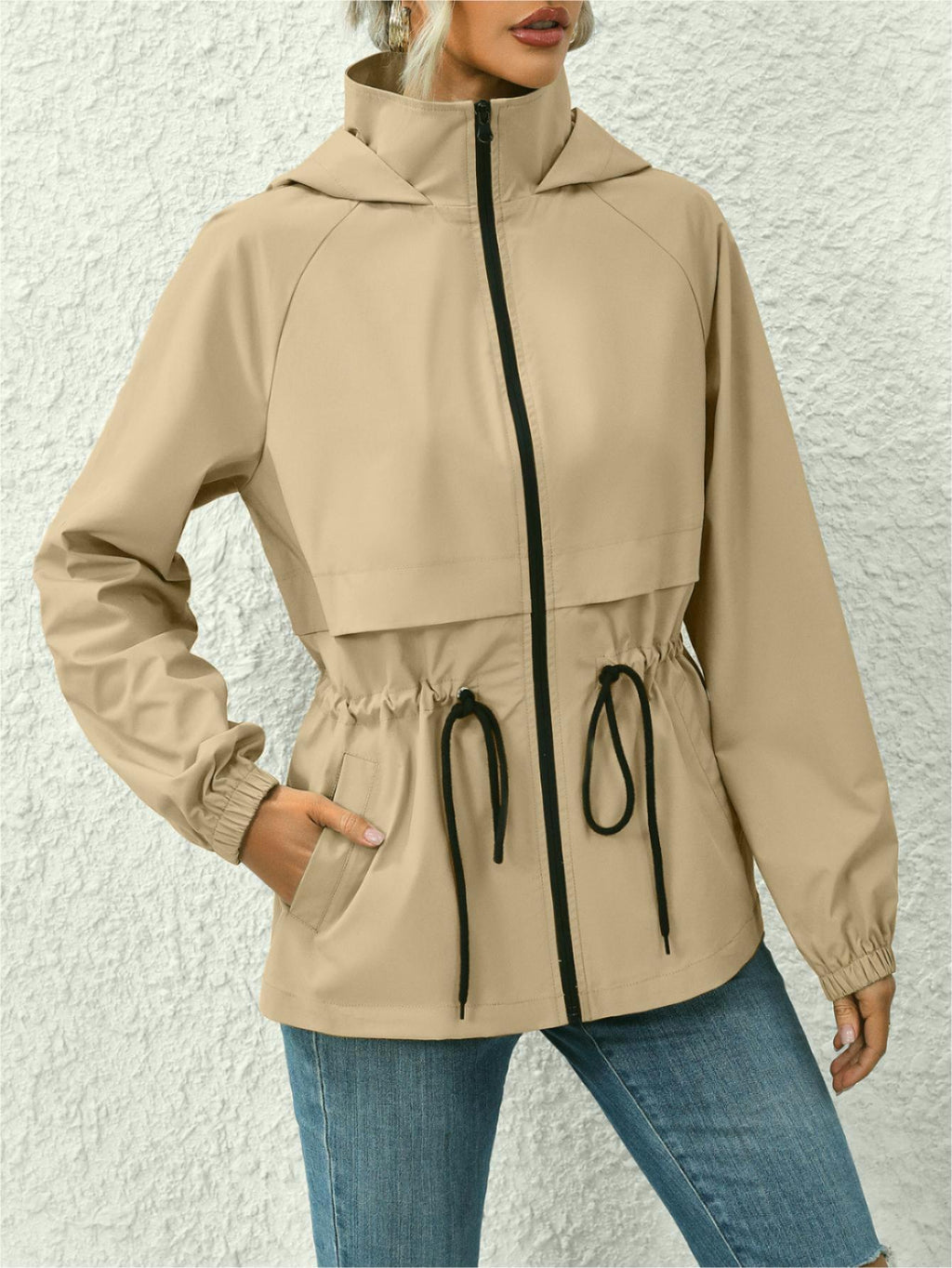 Hooded Zip Up Windbreaker With Cinch Waist