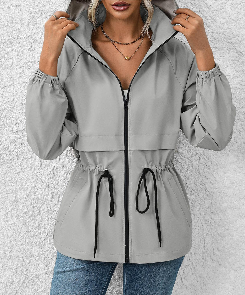 Hooded Zip Up Windbreaker With Cinch Waist - grey - 2