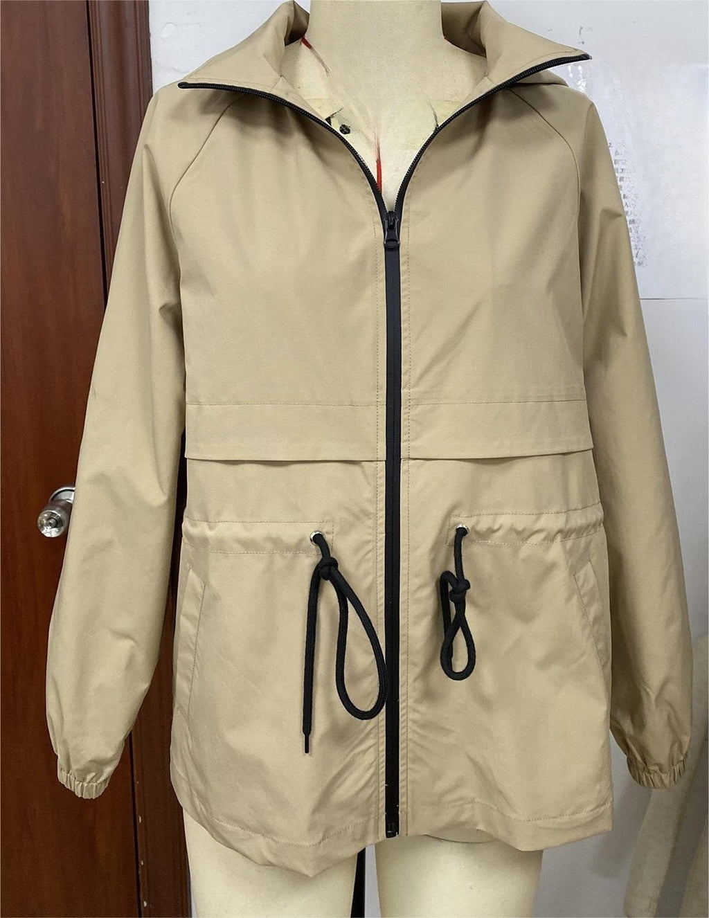 Hooded Zip Up Windbreaker With Cinch Waist - khaki