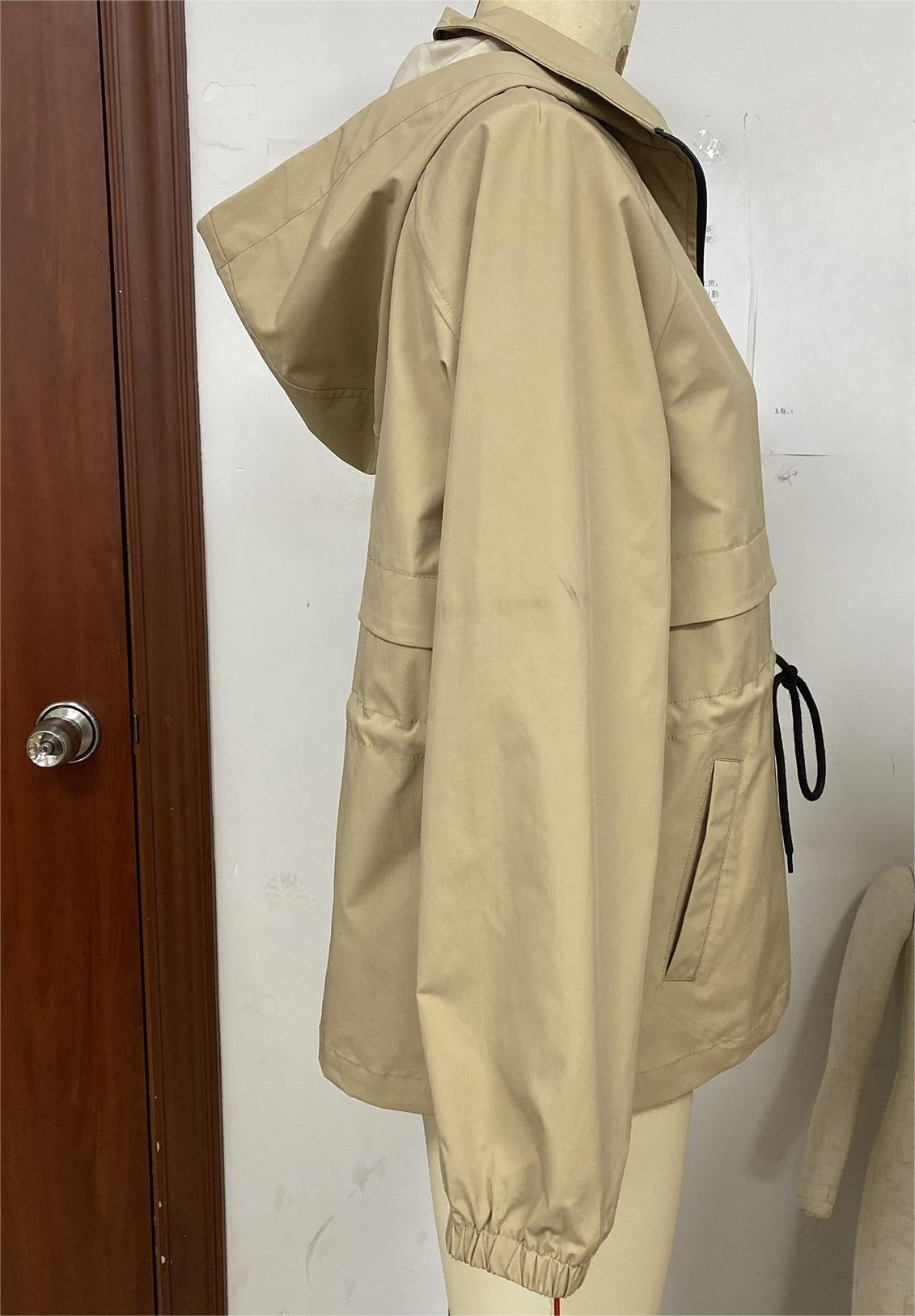 Hooded Zip Up Windbreaker With Cinch Waist - khaki - 1