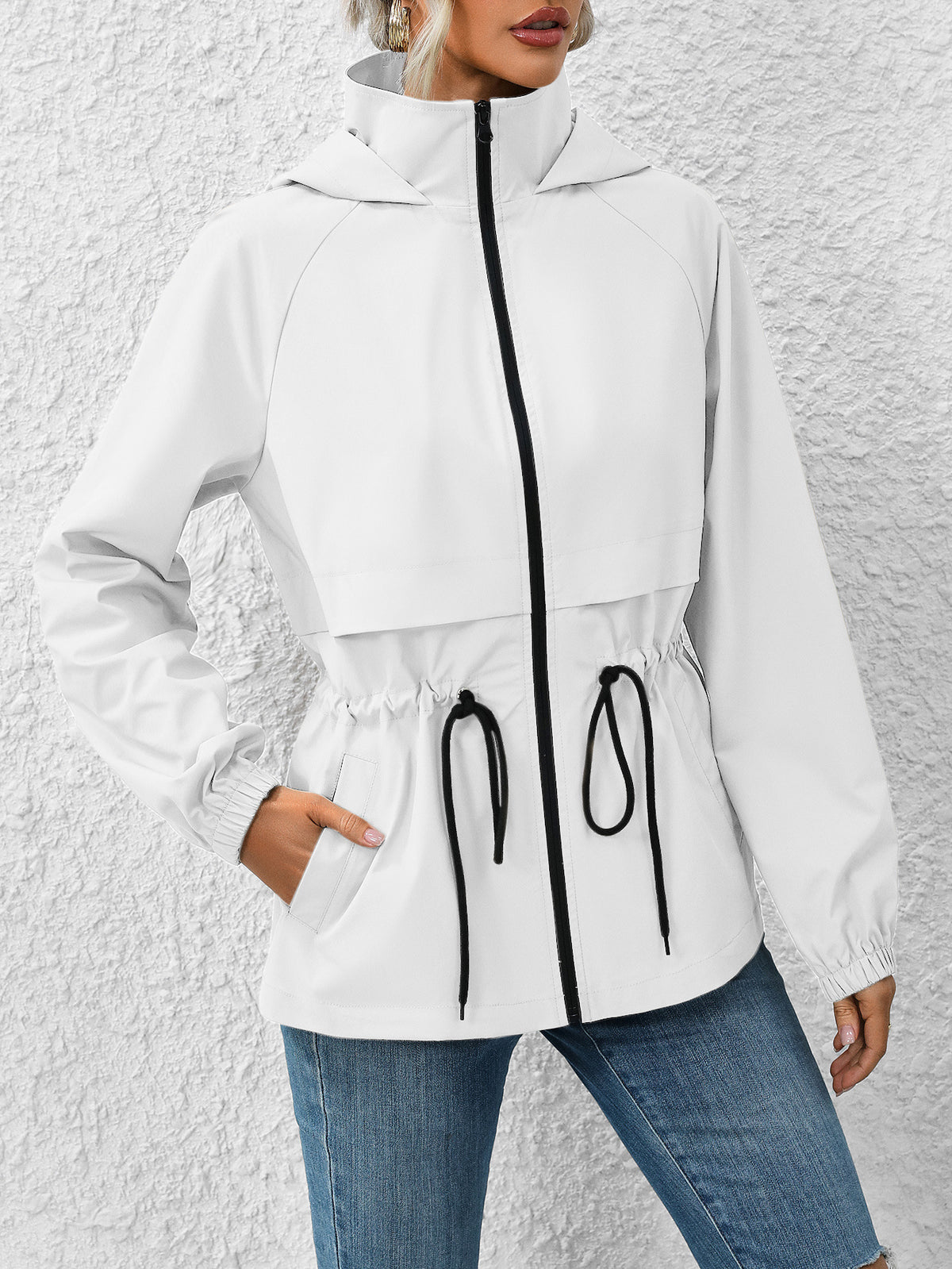Hooded Zip Up Windbreaker With Cinch Waist - white
