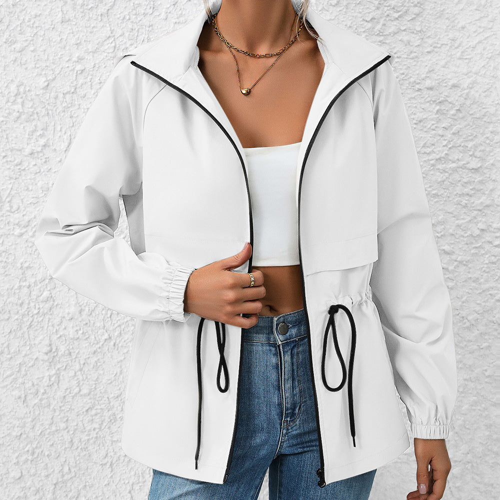Hooded Zip Up Windbreaker With Cinch Waist - white - 2