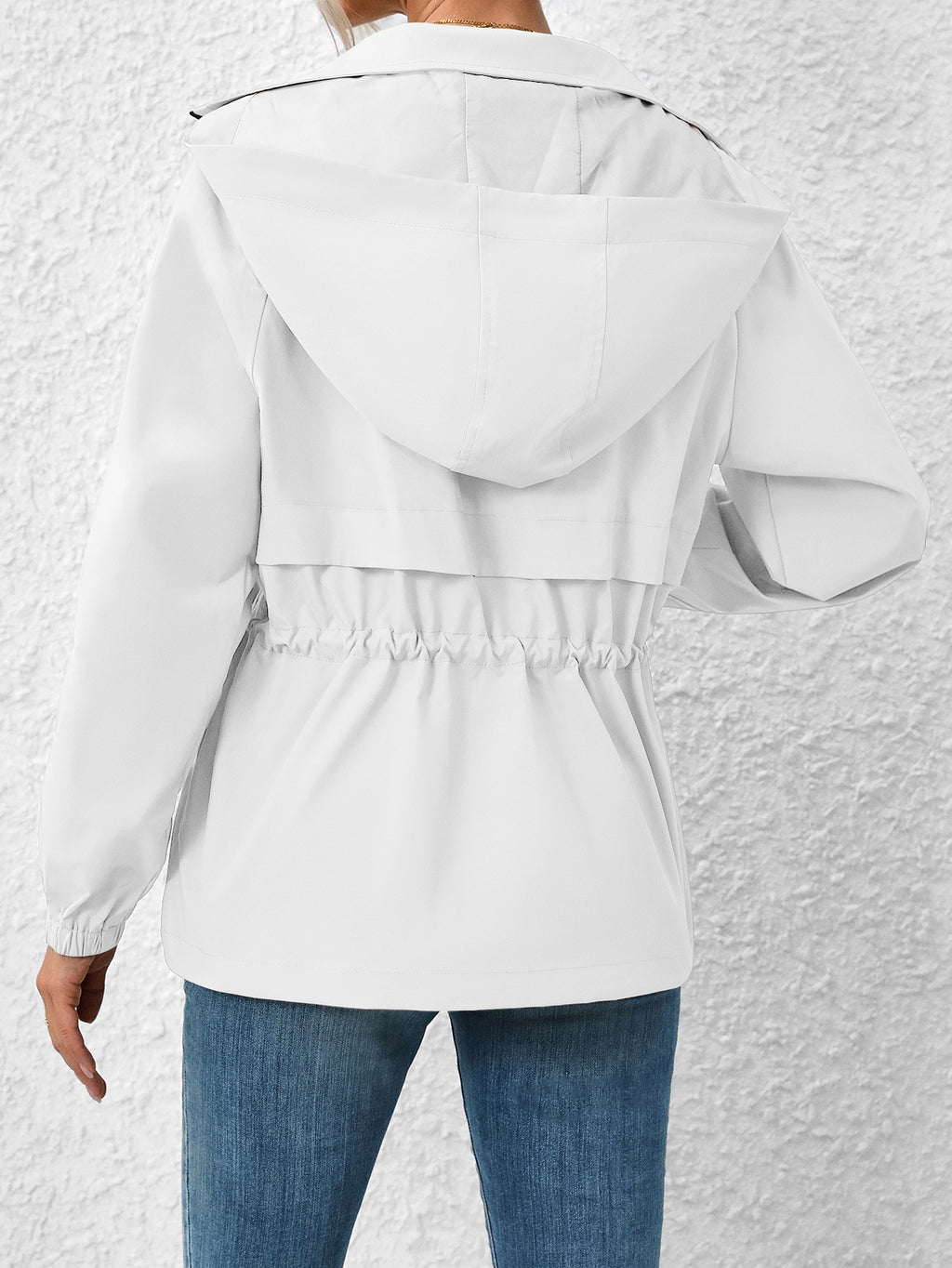 Hooded Zip Up Windbreaker With Cinch Waist - white - 3