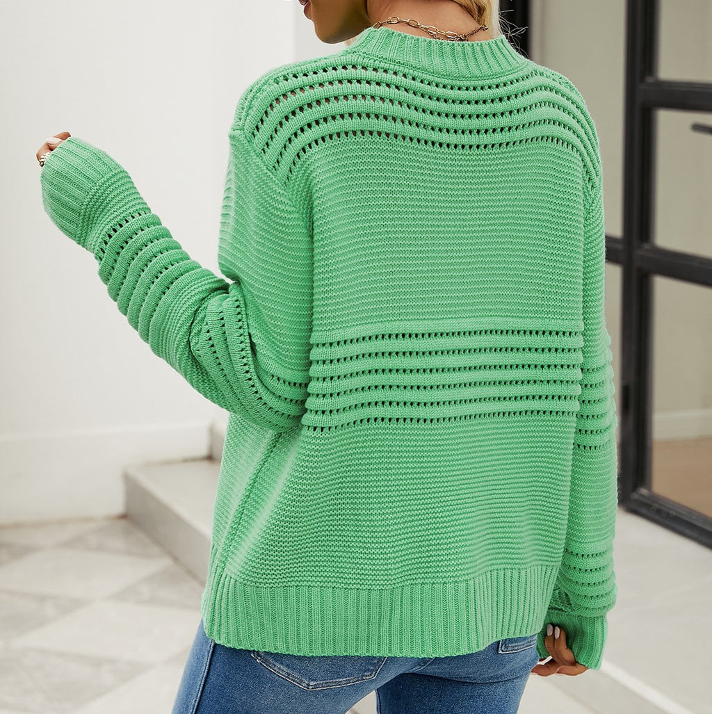 Ribbed Pointelle Stripe Knit Sweater - Green - 1