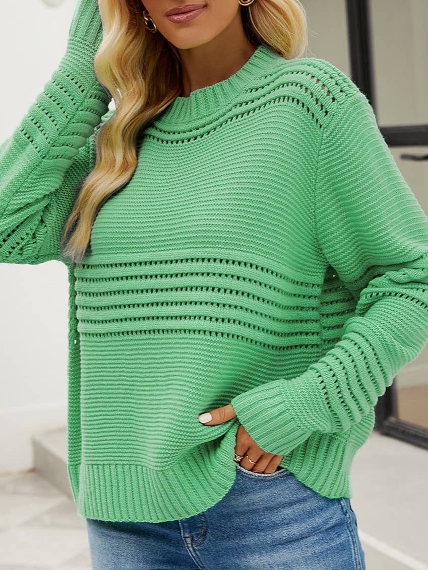 Ribbed Pointelle Stripe Knit Sweater