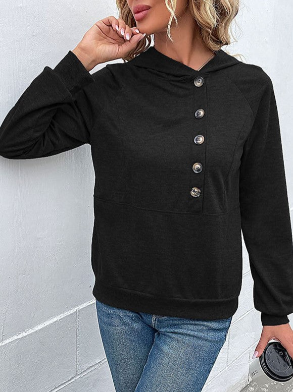 Offset Button Hoodie With Kangaroo Pocket - Black