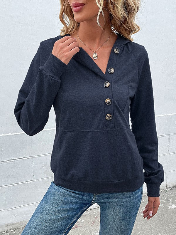 Offset Button Hoodie With Kangaroo Pocket - Darkblue