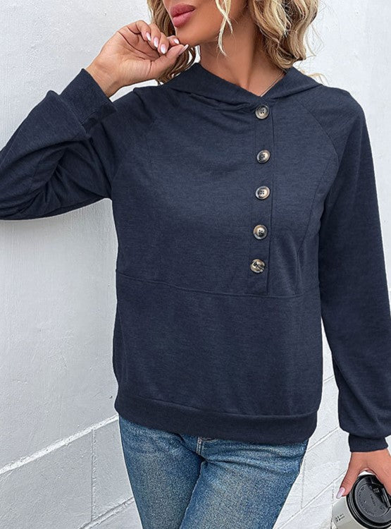 Offset Button Hoodie With Kangaroo Pocket - Darkblue - 1