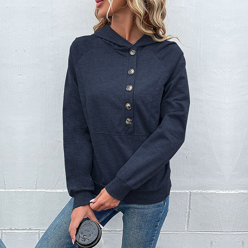 Offset Button Hoodie With Kangaroo Pocket - Darkblue - 2