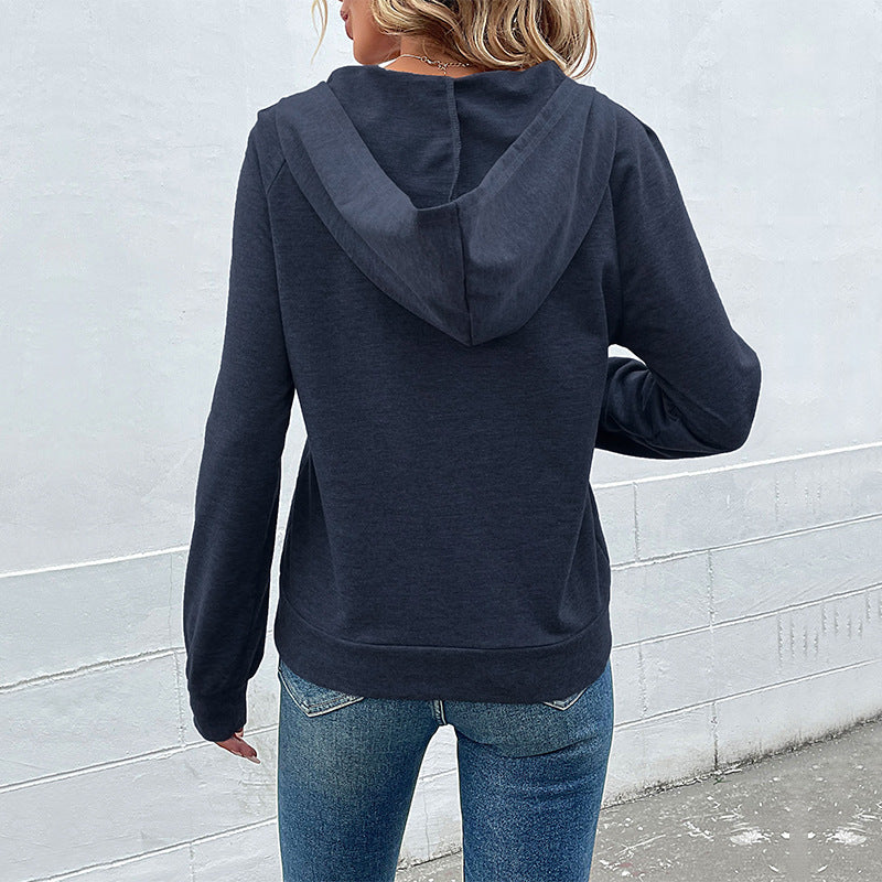 Offset Button Hoodie With Kangaroo Pocket - Darkblue - 3