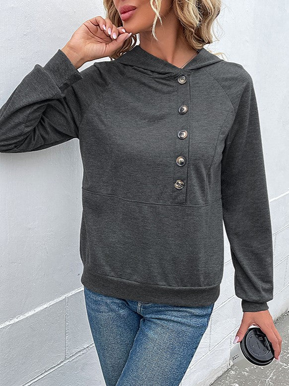 Offset Button Hoodie With Kangaroo Pocket - Darkgrey