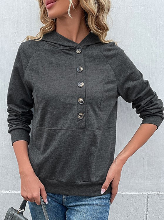Offset Button Hoodie With Kangaroo Pocket - Darkgrey - 1