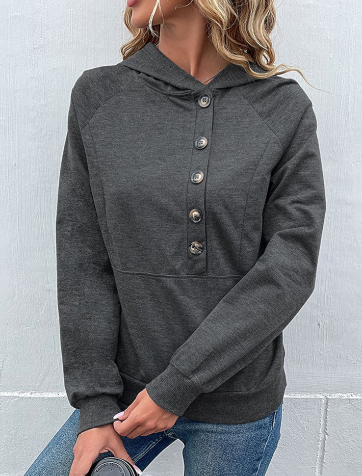 Offset Button Hoodie With Kangaroo Pocket - Darkgrey - 2